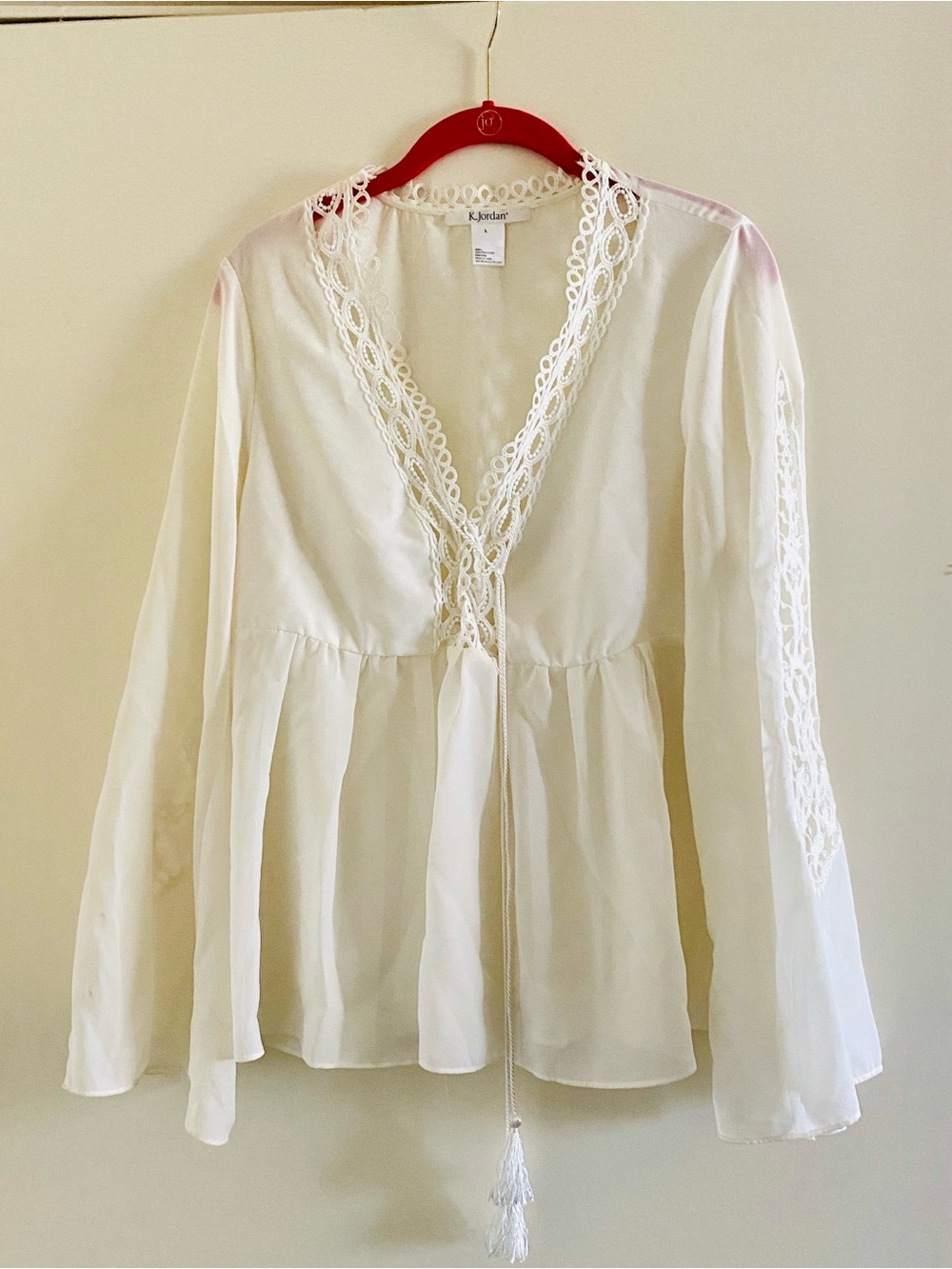 K Jordan Cream Lace-Trim V-Neck Peasant Top